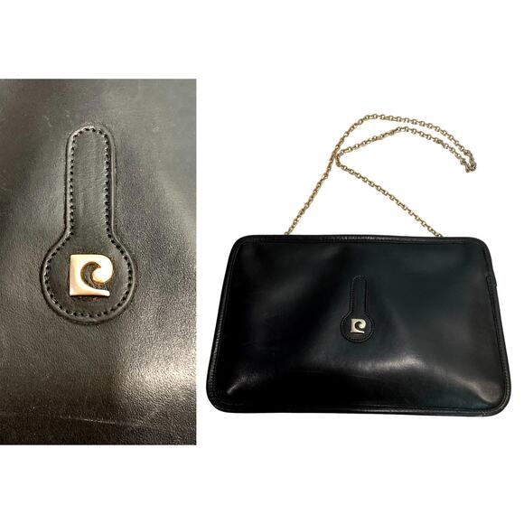 70s MOD Pierre Cardin Black Leather Shoulder Bag Gold Logo & Chain - Picture 1 of 10